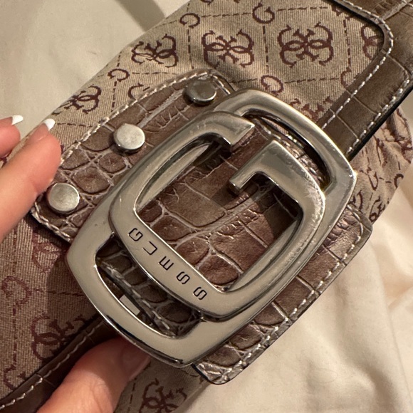 Guess Brown Pattern Logo Shoulder Bag with Buckle - Picture 3 of 5